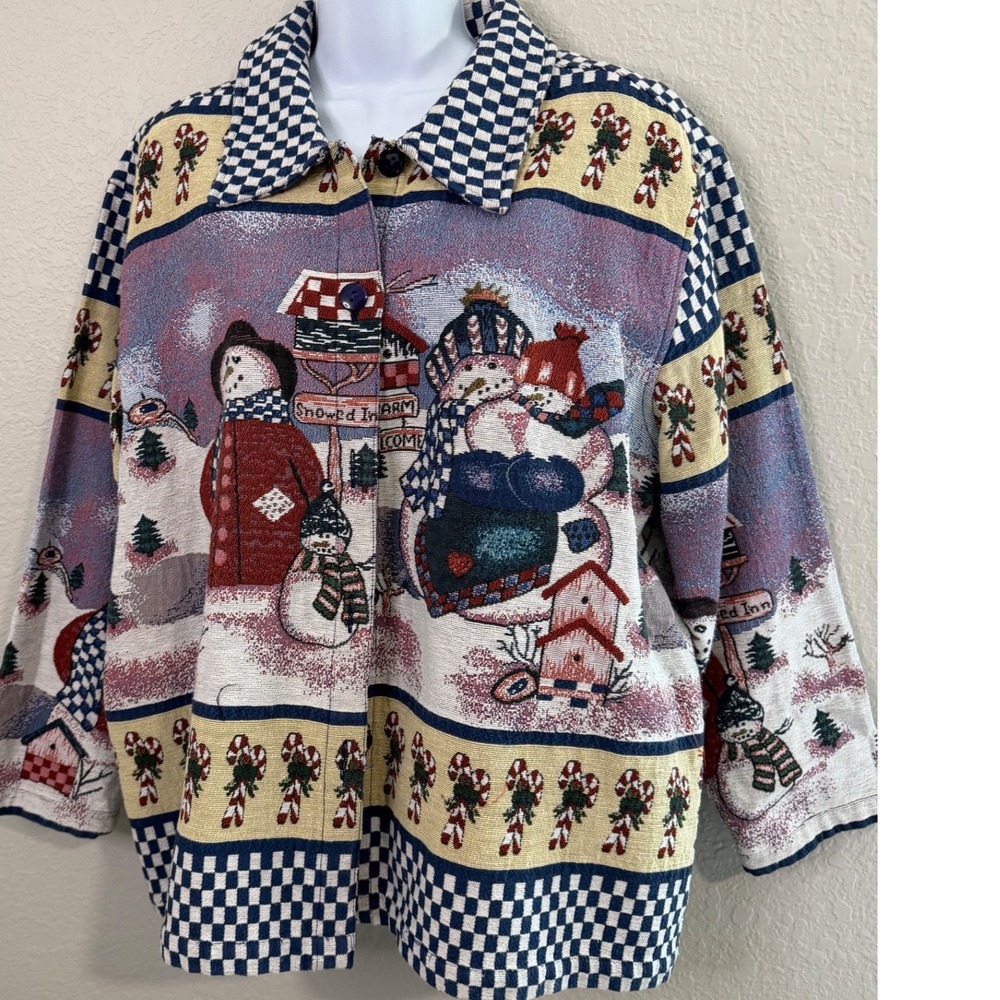 Willow Ridge Snowman Tapestry Jacket 1X Christmas Candy Cane Checkered Holiday